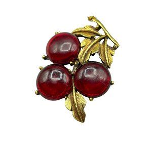 Vintage Cherry Pin Brooch Red Cherries Fruit Berries Figural Costume Jewelry